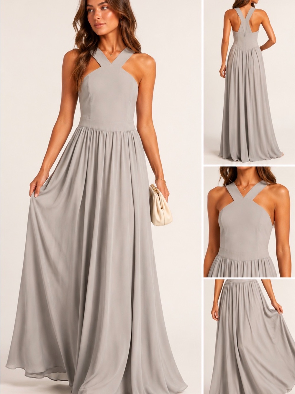 Lulu's Taupe Cross-Halter Maxi Dress